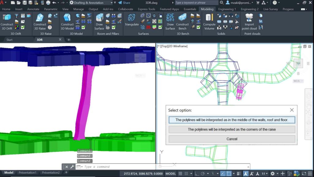 Plan and 3D view of a construction of a 3D raise based on survey data