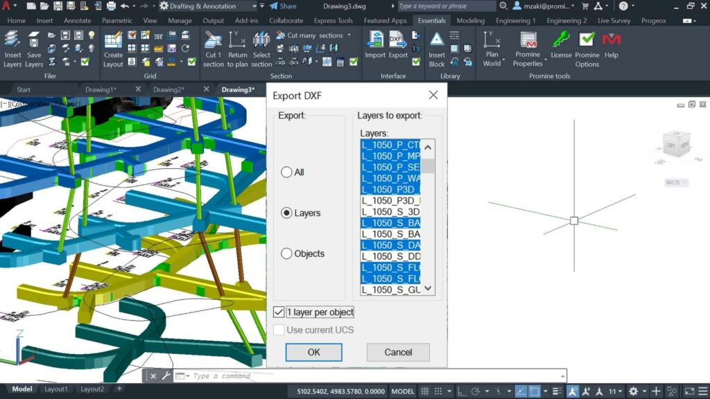 Exporting CAD layers from Promine's Interface module